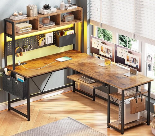 Shaped desk with hutch led - l,